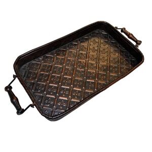Vintage Faux Copper Metal Serving Tray Handles Fleur De Lis 21" Decor